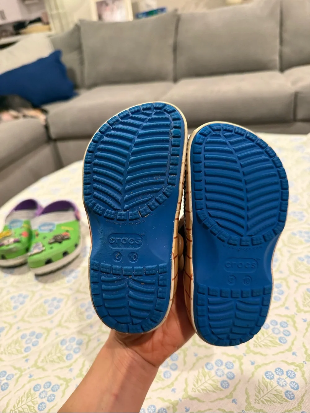 CROCS Kids Cowprint Clogs with Red Strap and Blue Insole